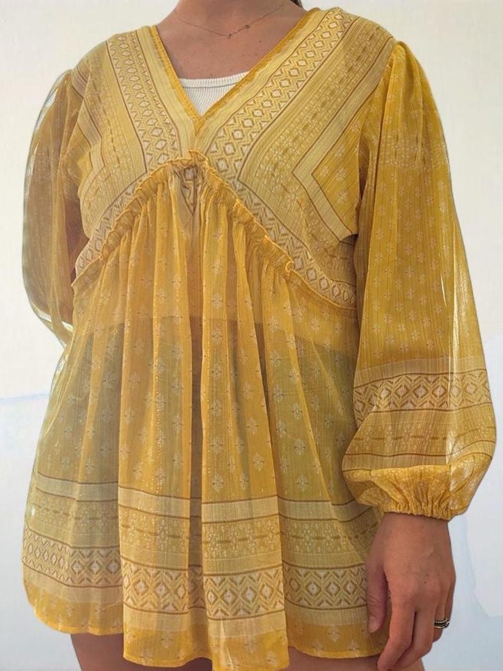 Boho Hippie Rose + Olive Yellow Peasant Blouse Size M Floral Aztec Festival
